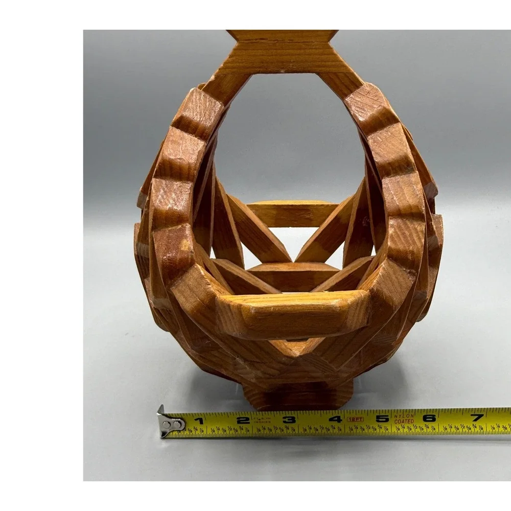 Vintage Folk Art Geometric Interlocking Wood Planter Basket MCM Handle Brown 9in
